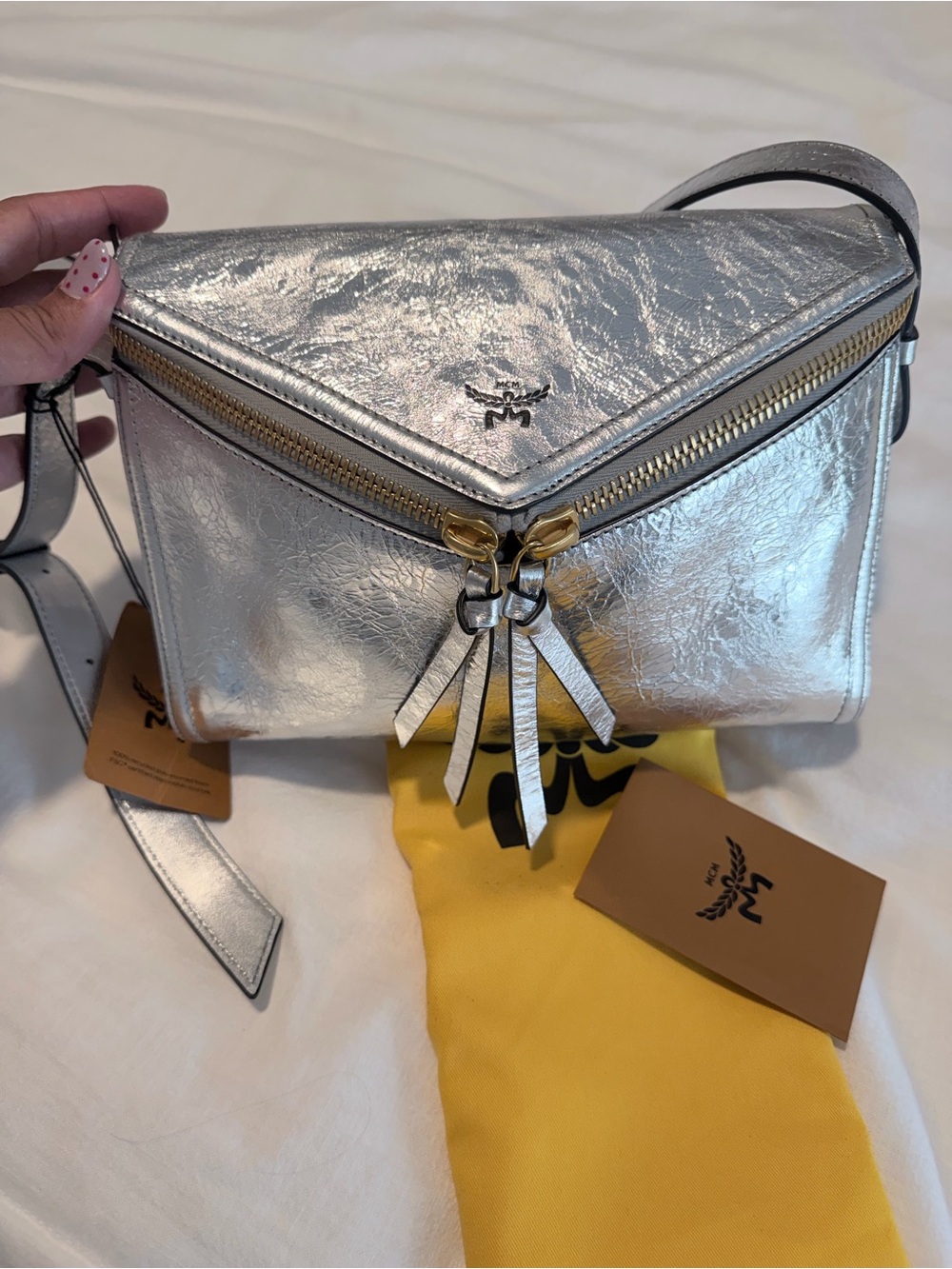 MCM Silver Metallic Leather Crossbody Bag